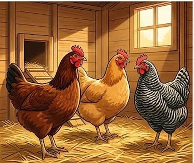 Three backyard hens inside a clean wooden chicken coop with straw bedding and natural light