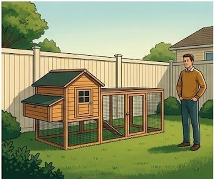 Compact predator-proof chicken coop with hardware cloth run in suburban backyard with privacy fence
