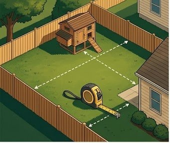 Aerial view of backyard lot showing chicken coop setback measurement lines to property fence