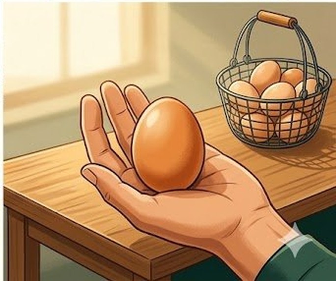 Fresh brown egg held in cupped hand with wire basket of backyard eggs on wooden surface