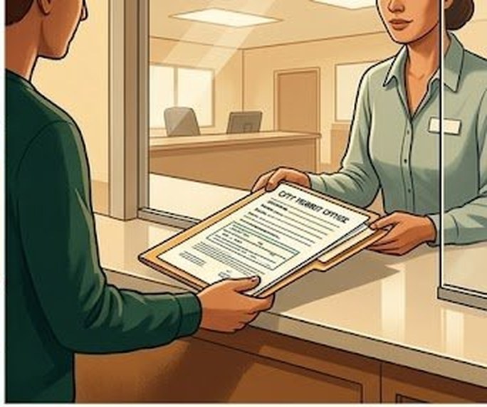 Person submitting backyard chicken permit application at city permit office counter